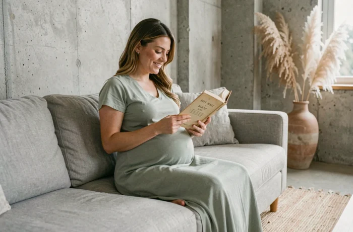 Femme enceinte feuilletant un livre de prénoms de fille sur un canapé dans un salon moderne et chaleureux
