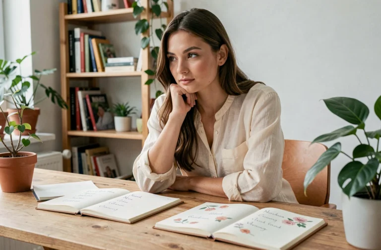 Jeune femme pensive entourée de carnets avec des prénoms féminins écrits à la main dans un bureau cosy scandinave