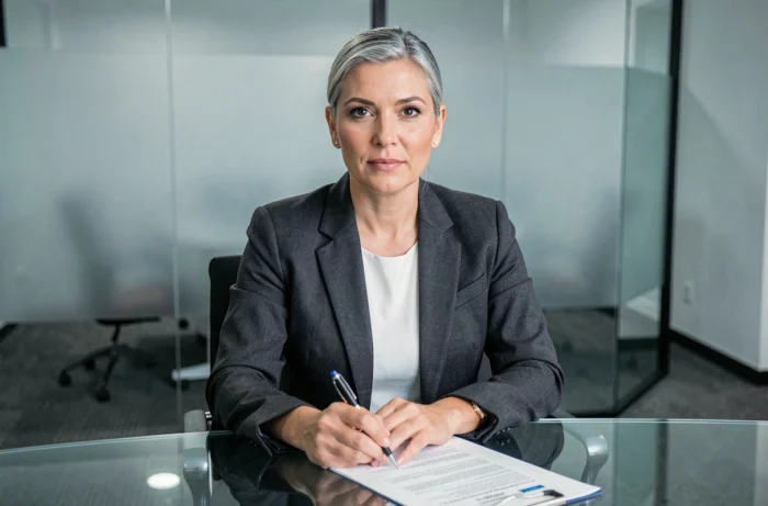 Femme cadre en blazer relisant son profil de candidat imprimé dans une salle de réunion professionnelle
