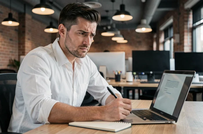 Homme en chemise blanche cherchant l'inspiration pour rédiger son profil de candidat dans un espace de coworking moderne