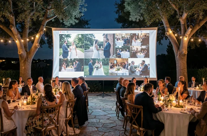 Projection vidéo en direct sur grand écran lors d'une réception de mariage en soirée en plein air avec les invités réunis autour de tables