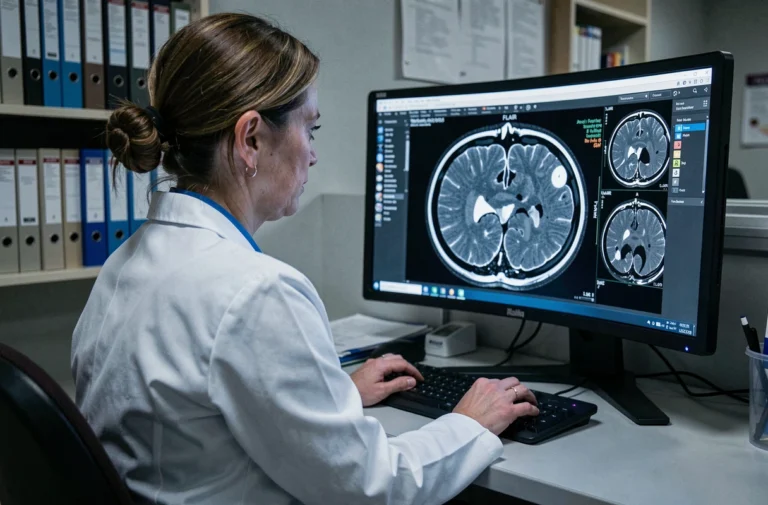 Radiologue femme examinant des hypersignaux IRM FLAIR sur écran de lecture diagnostique en milieu hospitalier