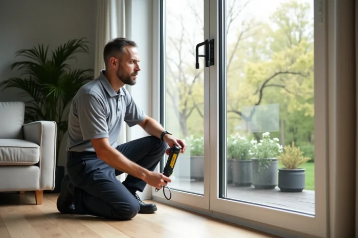 Professionnel utilisant un appareil de recharge au gaz argon sur un double vitrage dans un salon moderne