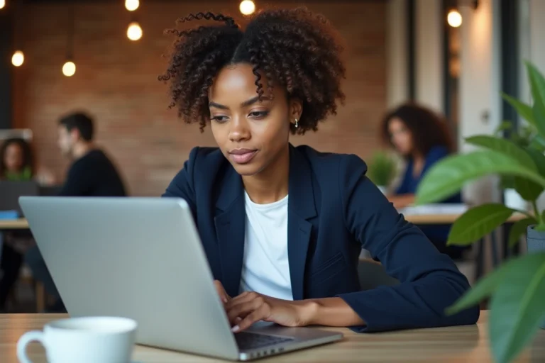 Jeune femme professionnelle recherchant des offres d'emploi dans des startups sur un ordinateur portable dans un espace de coworking moderne
