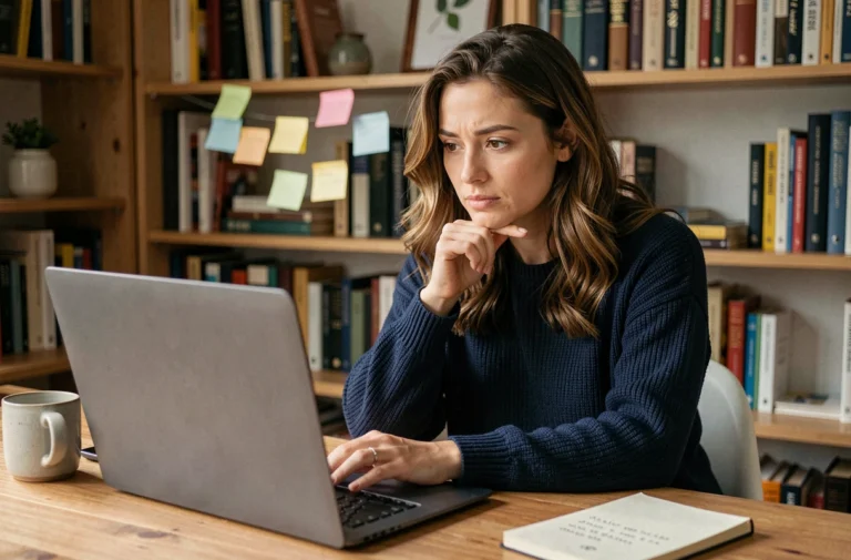 Femme assise devant son ordinateur portable, réfléchissant à la rédaction de son profil candidat dans un bureau à domicile chaleureux