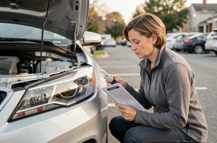 Femme consultant un manuel automobile pour remplacer une ampoule H7 dans le phare avant d'une berline