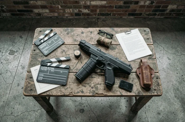 Accessoires de tournage et répliques d'armes à feu utilisées dans la saga John Wick exposées sur une table en bois industriel