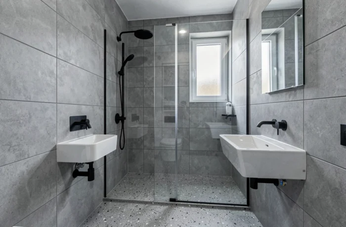 Salle de bain entièrement rénovée avec carrelage gris grand format, douche à l'italienne et robinetterie noire mate