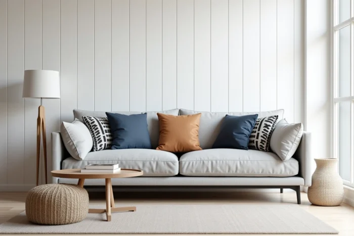 Salon scandinave avec canapé gris tissu décoré de cinq coussins en lin bleu marine, imprimé graphique, cuir camel et jute naturel