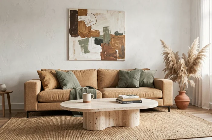 Salon scandinave contemporain avec canapé en lin, table basse en travertin et décoration tendance en tons neutres