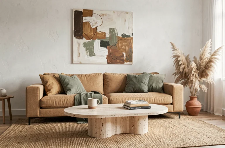 Salon scandinave contemporain avec canapé en lin, table basse en travertin et décoration tendance en tons neutres