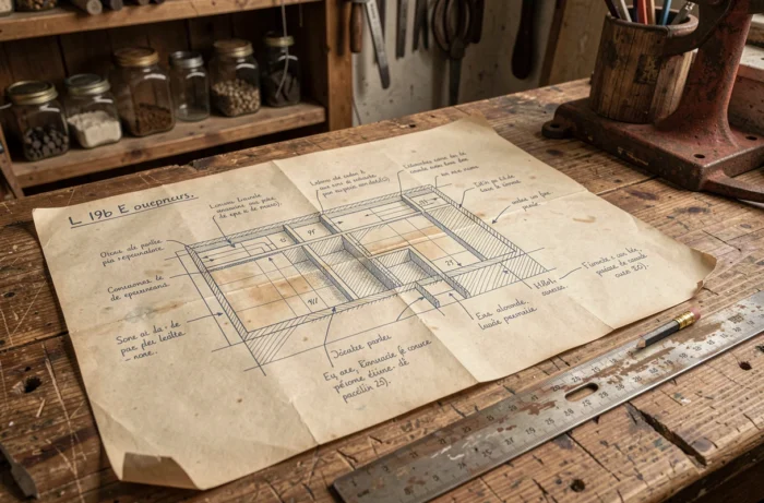 Schéma technique dessiné à la main d'une fosse septique des années 1960 posé sur un établi en bois, avec annotations en français et coupes transversales détaillées