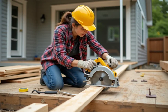 Femme utilisant une scie circulaire Tacklife sur un chantier de terrasse en bois en extérieur