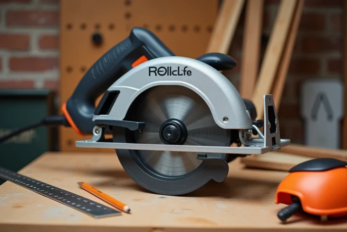 Vue rapprochée de la scie circulaire Tacklife PES01A posée sur un établi avec accessoires de menuiserie