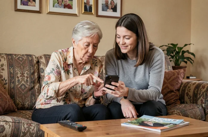 Une grand-mère et sa fille adulte explorant ensemble les fonctions de sécurité d'un smartphone dans un salon familial