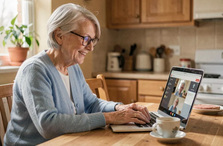 Une femme senior souriante utilisant un ordinateur portable pour naviguer sur internet en toute sécurité depuis sa cuisine