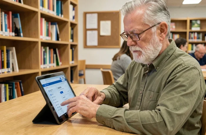 Un homme senior concentré utilisant une tablette numérique dans une bibliothèque publique pour apprendre à naviguer sur internet