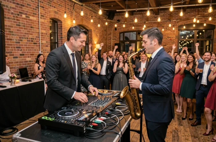 DJ et saxophoniste live jouant ensemble lors d'une réception de mariage dans un loft industriel élégant face à des invités qui dansent