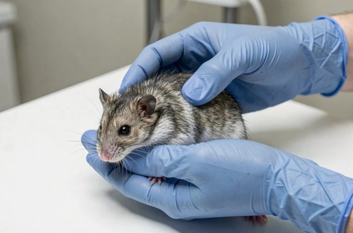 Hamster nain tenu par des mains gantées sur une table vétérinaire pour identification du sexe