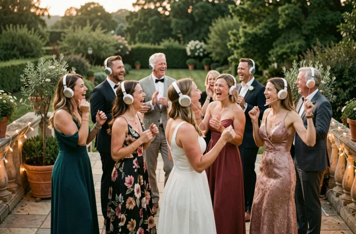 Invités d'un mariage portant des casques sans fil colorés et dansant lors d'un silent disco en soirée sur une terrasse décorée