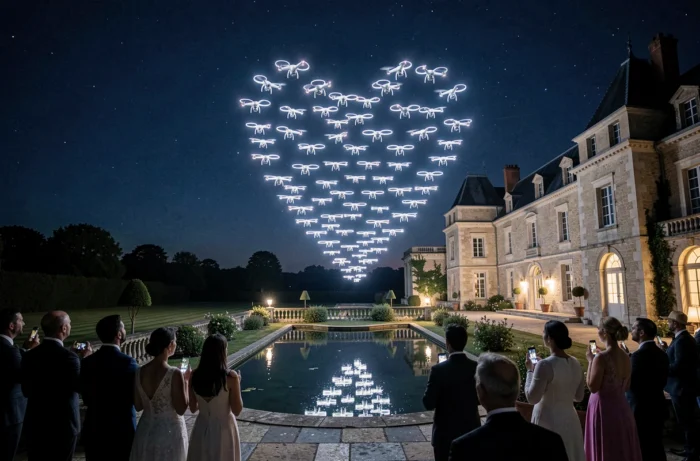 Essaim de drones lumineux formant un cœur dans le ciel nocturne au-dessus d'un château lors d'un mariage, contemplé par les invités