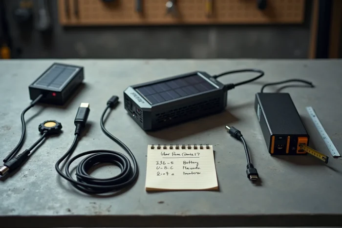 Vue en plongée d'une station d'énergie nomade entourée d'accessoires et de notes de comparaison sur un établi en béton