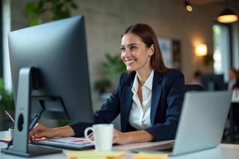 Professionnelle analysant des données de marketing digital sur un grand écran dans un bureau moderne
