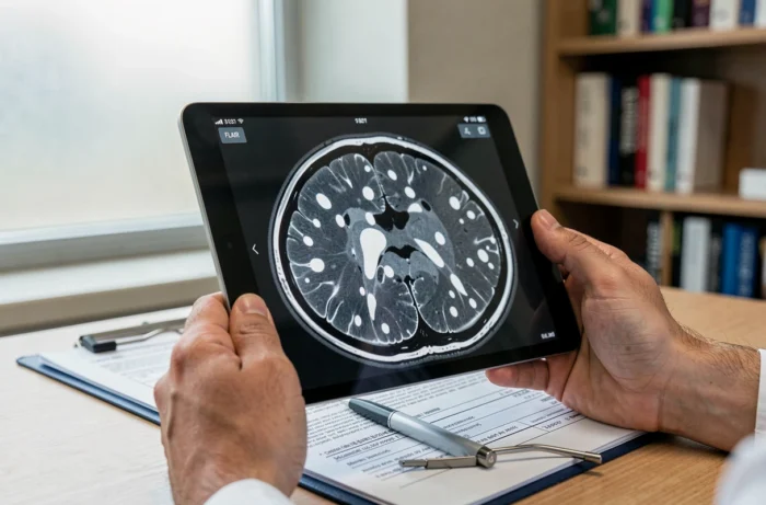 Gros plan sur tablette médicale affichant une coupe IRM FLAIR avec hypersignaux de la substance blanche cérébrale
