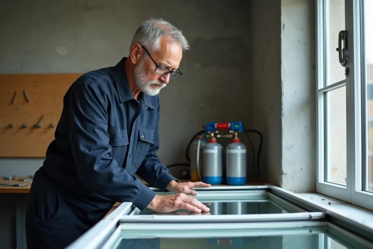 Technicien vitrier inspectant le joint d'un double vitrage posé sur un établi avec un kit d'injection de gaz argon