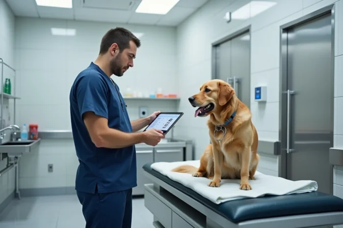 Technicien vétérinaire consultant un dossier patient sur tablette avec un chien en salle d'examen