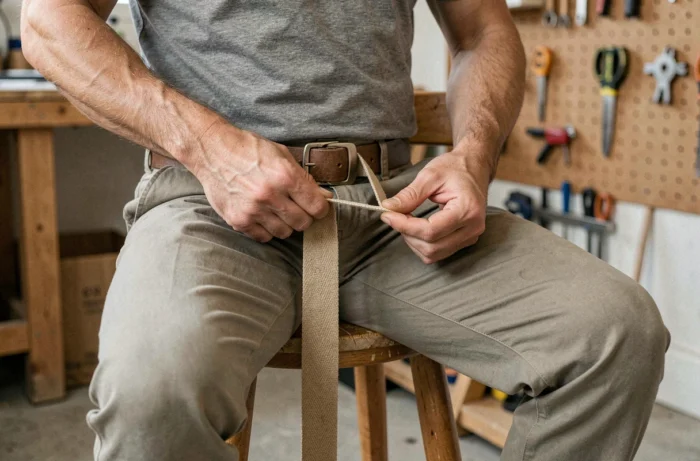 Homme qui glisse une ceinture trop longue dans une passante de pantalon pour éviter qu'elle pende