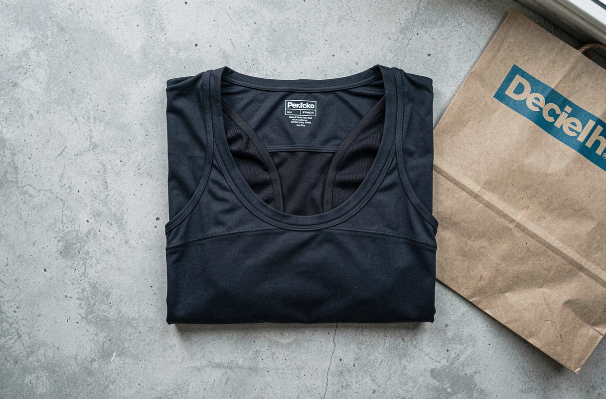 Gros plan sur le tee-shirt technique Percko posé à plat avec sac Decathlon