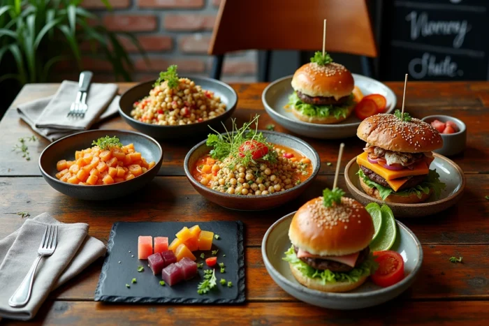 Plateau de tendances culinaires sur table en bois rustique dans un bistro urbain : poke bowl, burger au pain charbon et légumes fermentés