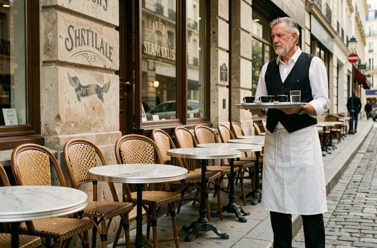 Terrasse d'un café parisien classique avec un serveur en tablier blanc portant un plateau d'expressos au petit matin