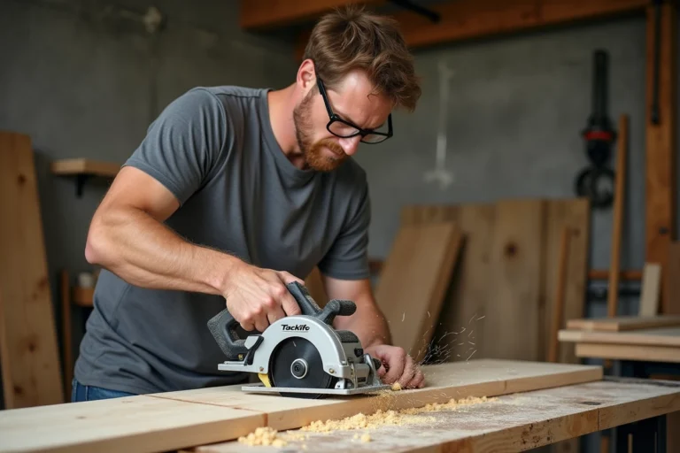Charpentier utilisant une scie circulaire Tacklife PES01A pour couper une planche de pin dans un atelier de menuiserie