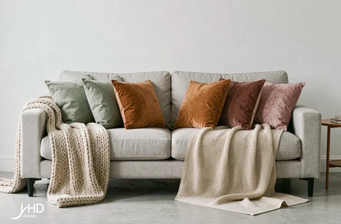 Canapé neutre habillé de textiles superposés incluant coussins en velours, lin et terracotta, ainsi qu'un plaid en grosse maille et une couverture tissée