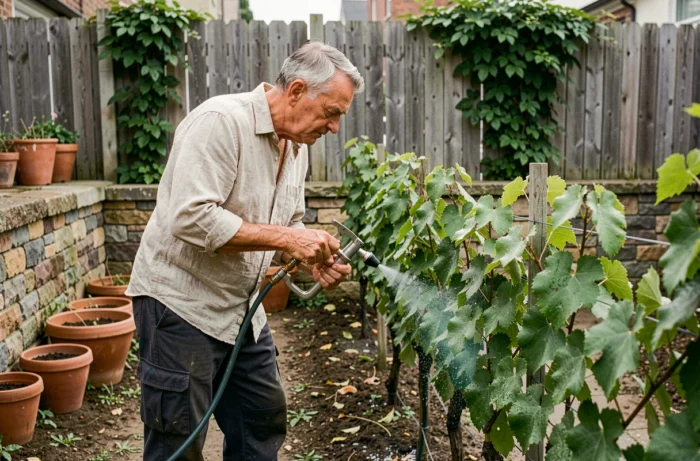 Jardinier traitant des pieds de vigne avec de la bouillie bordelaise à l'aide d'un pulvérisateur manuel