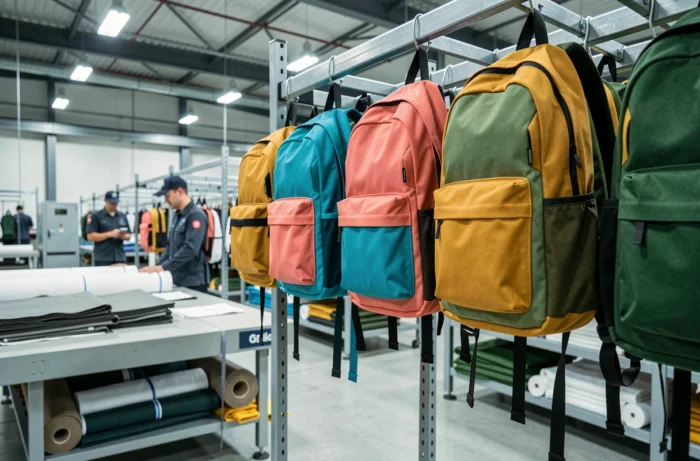 Rangées de sacs à dos Cabaïa colorés suspendus dans une usine de production moderne