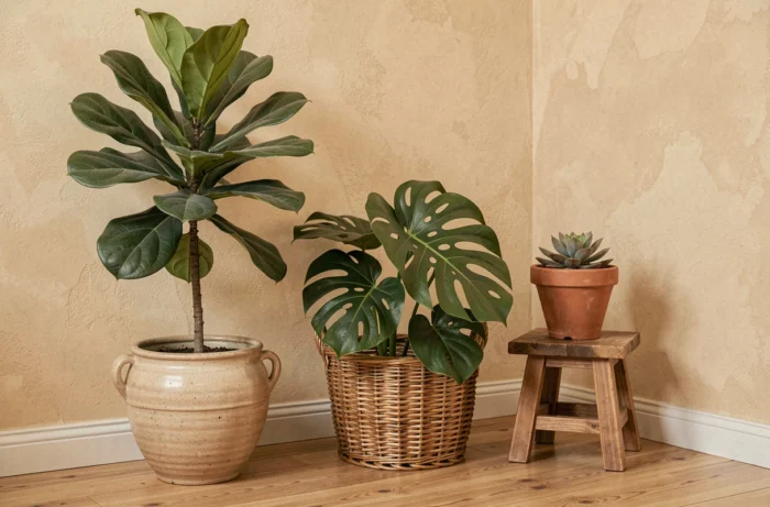 Trio de plantes en pots de tailles décroissantes — figuier lyré, monstera et succulente — disposées en diagonale pour créer une perspective dans un coin intérieur