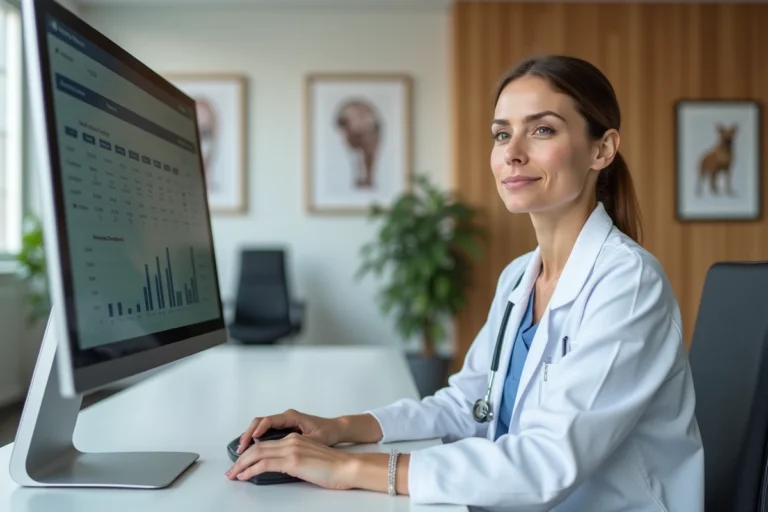 Vétérinaire utilisant le logiciel de gestion GMVET1 sur un ordinateur dans un cabinet vétérinaire moderne